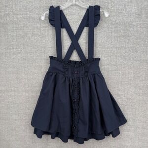 Liz Lisa Suspenders Skirt Women Sz 0 Navy Blue Ruffle Trim Bow Back Coquette
